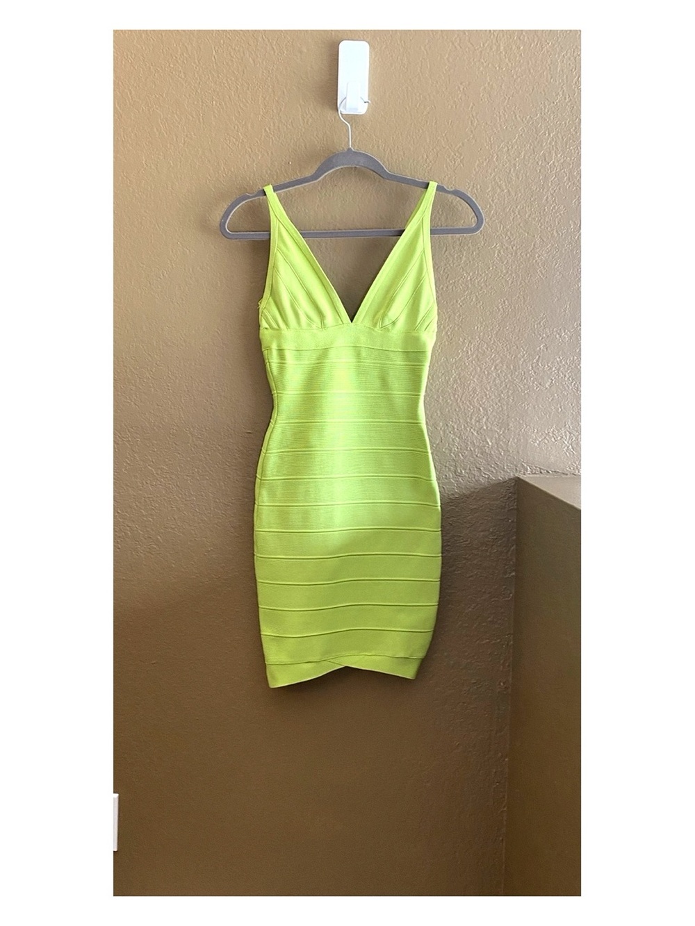 Herve Leger Neon Lime V-Neck Bandage Mini Dress